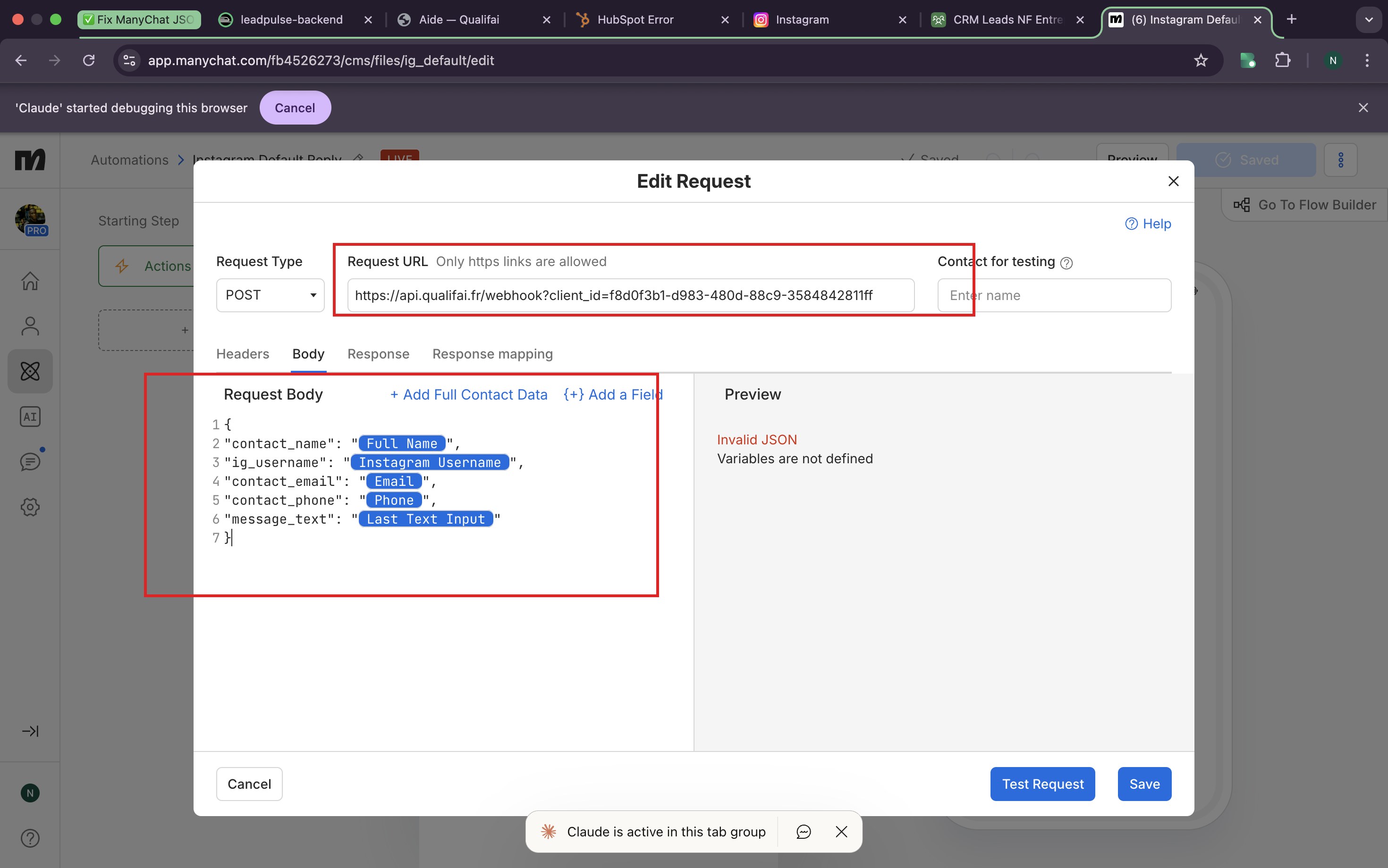 ManyChat Body JSON avec variables
